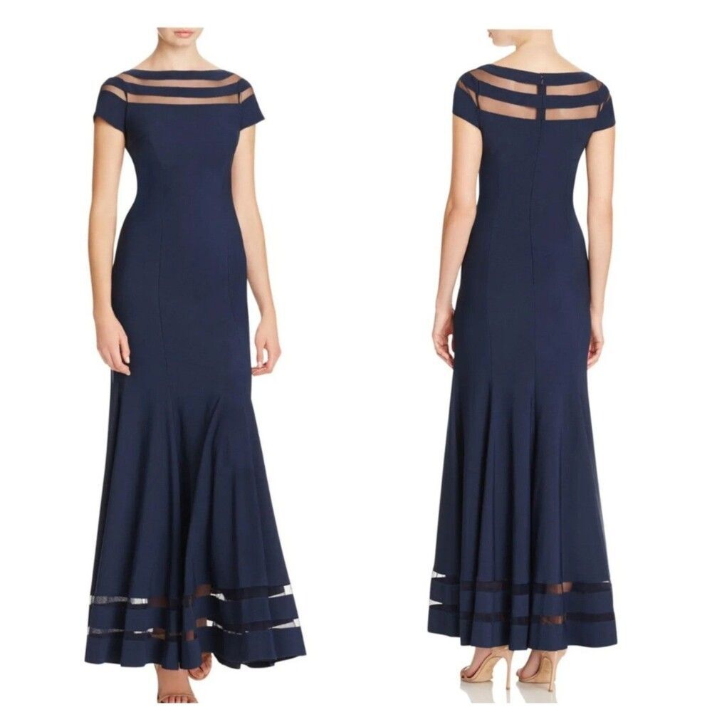Elegant Old Money Mermaid Formal Dress Navy JS Collections Size 4 Illusion
